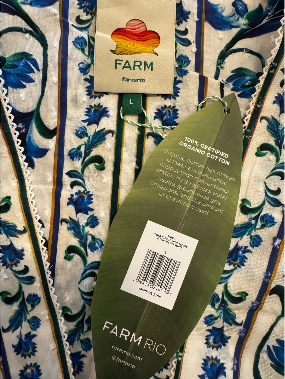 NWT Farm Rio Deep V 100% Organic Cotton Puff Sleeve Blouse Smocked Waist Large